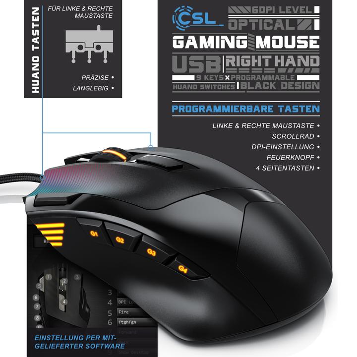Image du produit CSL Souris de jeu filaire, 125 dpi, souris de jeu optique, changement de couleur, 9 boutons, 600 à (Filaire)