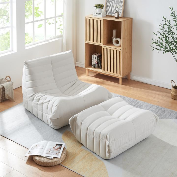 Actual product image En.Casa Bodensessel mit Fusshocker Kodsø 75x90x100 cm Mikrofaser Beige