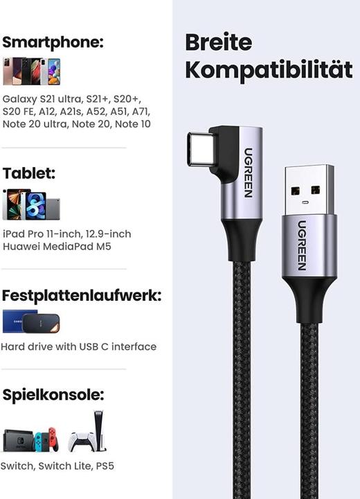 Actual product image Ugreen Angle cable USB to USB-C US385, 3A, 1m (black) (1 m, USB 3.0)