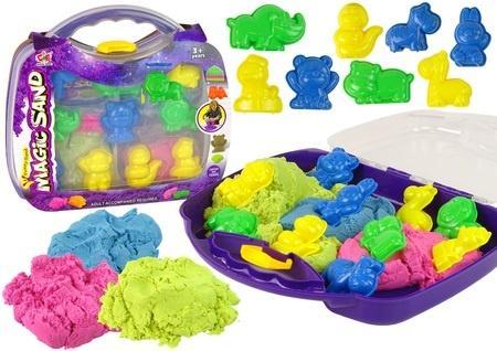 Produktbild Lean Toys Magic Kinetic Sand im Koffer + Tierformen 1 Kilogramm Sand in 3 Pastellfarben