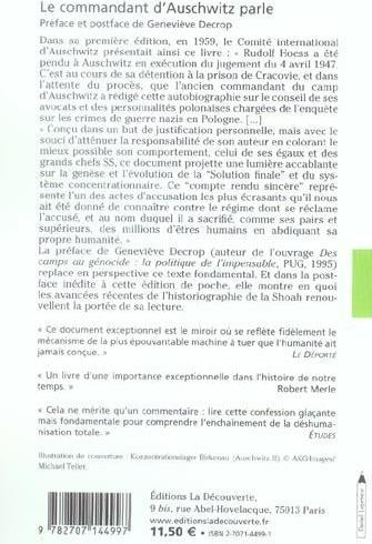 Actual product image Le commandant d'Auschwitz parle (French, Rudolf Hoess, 2005)