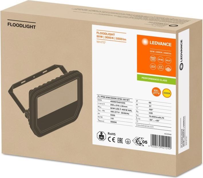 Produktbild Ledvance LED Flutlichtstrahler FL PFM 50 W 3000 K SYM 100 WT Warm (5500 lm, IP65)