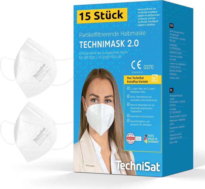TechniSat TECHNIMASK 2.0 - FFP2 Maske (5-lagige Gesichtsmaske mit hochwertigem Vlies, Mund- und Nase (FFP2, 15 x)