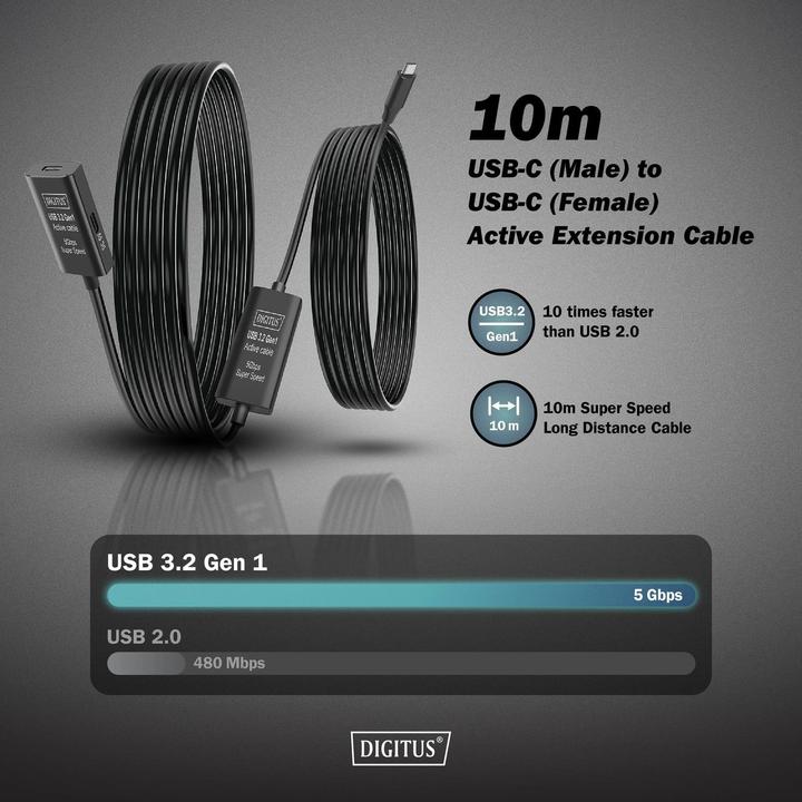 Immagine prodotto Digitus Cavo di prolunga attivo USB 3.2 Gen1 5G, USB-C - USB-C, 10 m (10 m, USB 3.2 Gen 1)