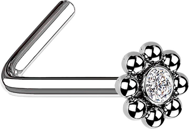 Produktbild Star Piercing Nasenstecker gewinkelt silber Blume mit Kugeln und Kristall (ohne Messing, Chirurgenstahl 316L)