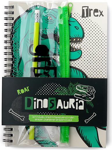 Produktbild Puckator Dinosauria Dinosaurier Notizblock mit Spiralbindung & Federmäppchen 6er Stück Schreibwaren Set
