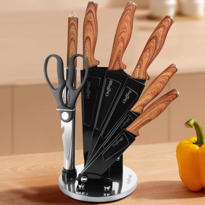 Produktbild Cheffinger 7-teiliges Messerset mit Griffen in Holzoptik und Halterung