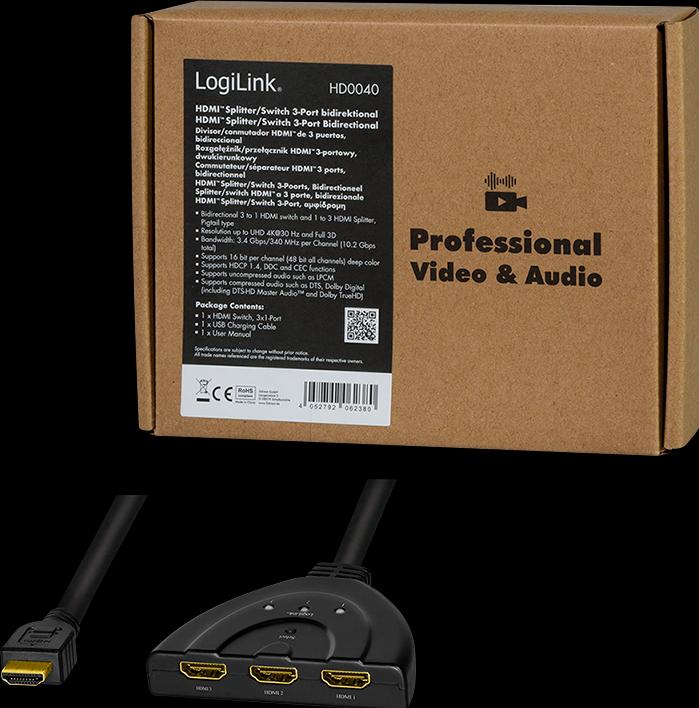 Actual product image LogiLink HD0040 HDMI Splitter 1x3/3x1-Port, 4K/30 Hz, CEC,bidirect, pigtail
