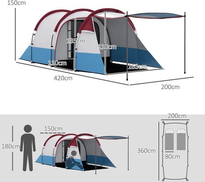 Produktbild Swisshandel24 Campingzelt, Tunnelzelt für 3 Personen, mit Lichthaken, Vorzelt für Garten, rot (Tunnelzelt, 3 Personen)