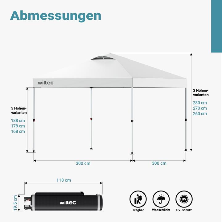 Image du produit Wiltec Pop up Pavillon 3x3m blanc Roues Pavillon de jardin Pavillon pliant Camping Party (300 cm, 300 cm)