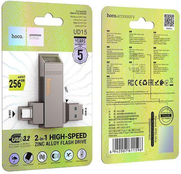 Image du produit Hoco Memory cards pendrive USB A + USB C UD15 256GB USB3.2 (256 Go, USB-A, USB-C)