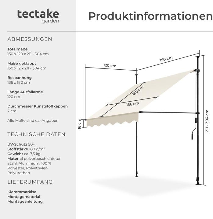 Immagine prodotto tectake Tenda da sole a morsetto (1.50 m)