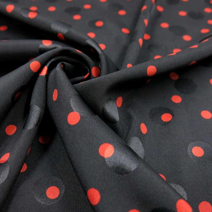 Produktbild Stoffrestposten Satin Jacquard Stretch - Polka Dots Schwarz & Rot