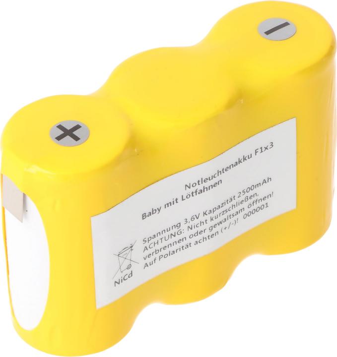 Produktbild XCell Notleuchtenakku NiCd 3,6V 2500mAh F1x3 Baby C mit Lötfahnen (2500 mAh, Ladegerät inkl. Akku)