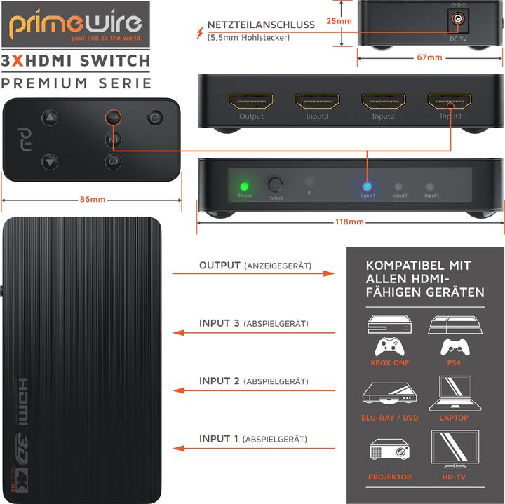Produktbild CSL 3 Port HDMI 2.0 Switch + 4 x HDMI 2.0 Kabel 1,5 m, Umschalter inkl. Fernbedienung, Ultra HD
