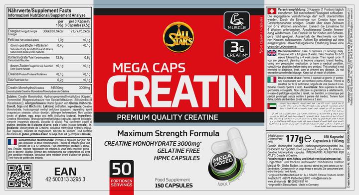 Nutritional values and ingredients All Stars Creatine Mega Caps (150 Piece, Capsules, 300 g)