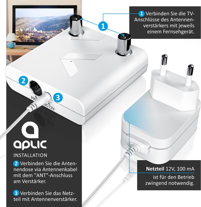Produktbild Aplic TV Antennenverstärker, DVB-T2, Kabel TV, Radio Verstärker, 2x 13 dB Signalverstärkung, 2x IEC Output (Verstärker)