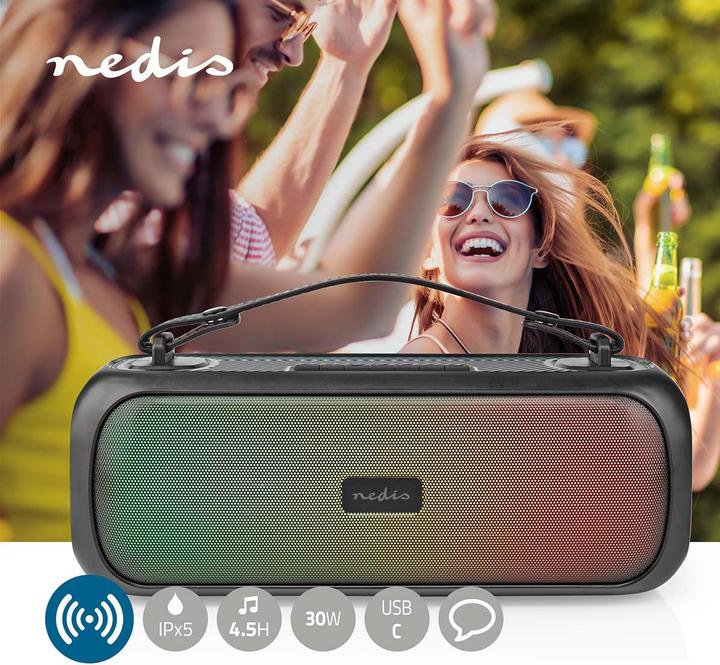 Produktbild Nedis Bluetooth® Party Boombox 4.5 hrs 2.0 30 W Medienwiedergabe: AUX/USB IPX5 Verknüpfbar Tragegrif (4.50 h, Netzbetrieb)