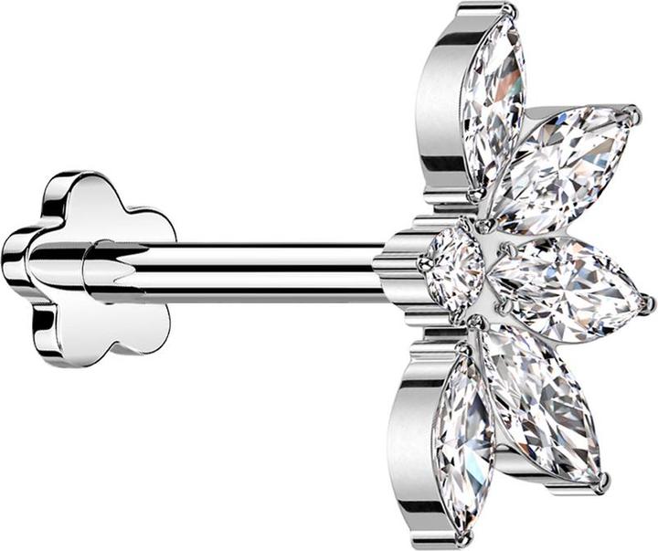 Star Piercing Micro Threadless Labret Blume silber halbe Lotusblume silber Kristalle silber (Titan G23, ohne Messing)