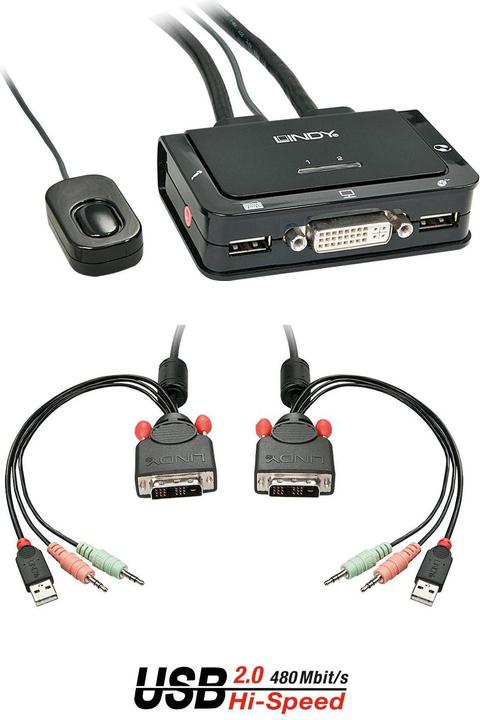 Actual product image Lindy DVI KVM Switch 2 Port USB 2.0 Audio Compact USB 2.0 Audio/Microphone