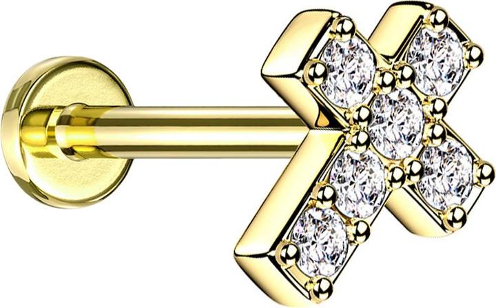 Produktbild Star Piercing Micro Labret Innengewinde vergoldet Kreuz mit Kristall silber (Chirurgenstahl 316L, ohne Messing)