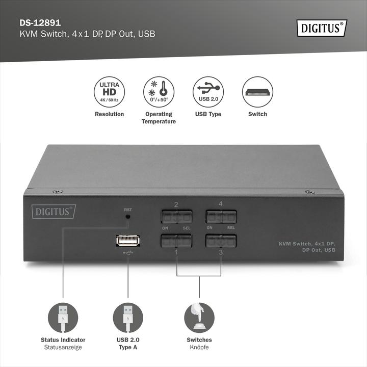 Produktbild Digitus KVM Switch, 4x1 DP, DP Out,USB