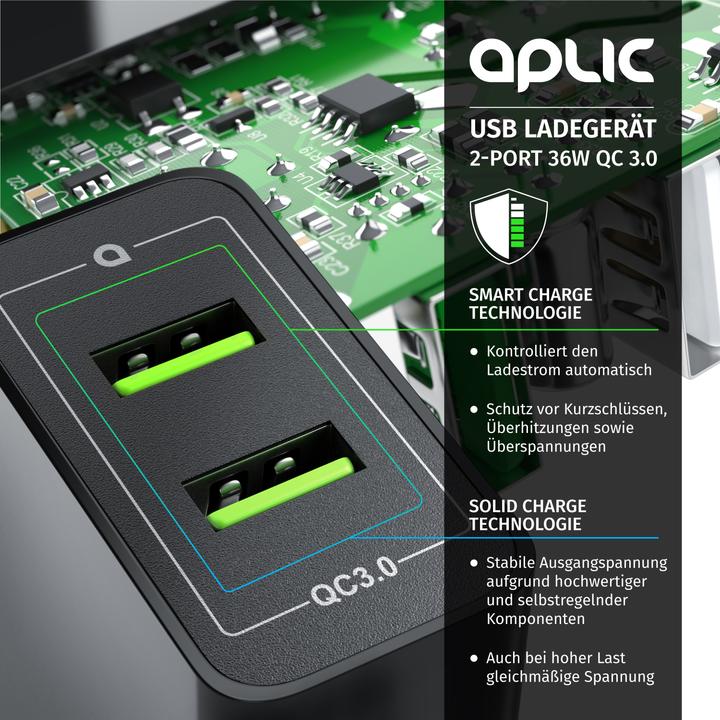 Image du produit Aplic Chargeur USB, chargeur USB Quick Charge à 2 ports 36 W / 6000 mA / fonction de charge rapide, noir (36 W)