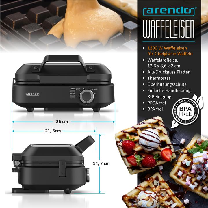 Actual product image Arendo Waffle iron, waffle maker, 2 waffles à 12.6 cm, 1200 W, non-stick coating, Belgian waffles