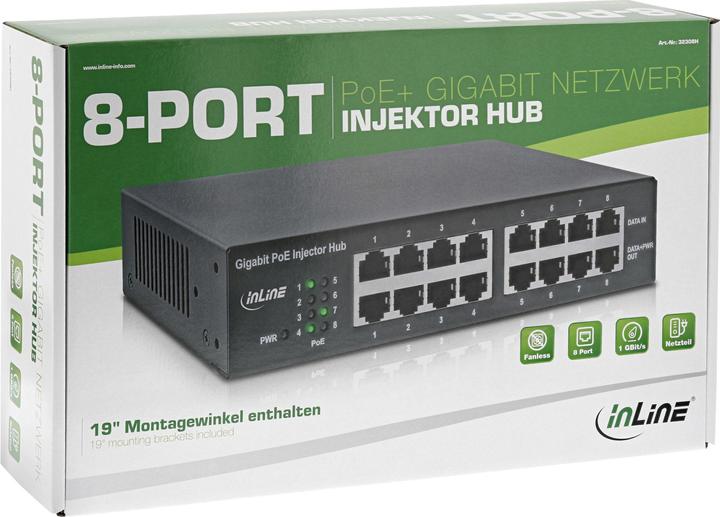 Produktbild InLine PoE+ Gigabit Injektor Hub 8 Port (8x PoE+) (802.3af (PoE), 802.3at (PoE+), 120 W)