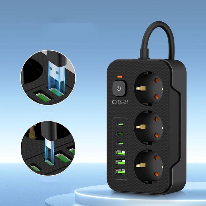 Produktbild Tech-Protect PC3X6 Power Strip 3 Sockets 240V + 3xUSB-A + 3xUSB-C 200cm - Black (3 x, USB-C, USB-A, 2 m)