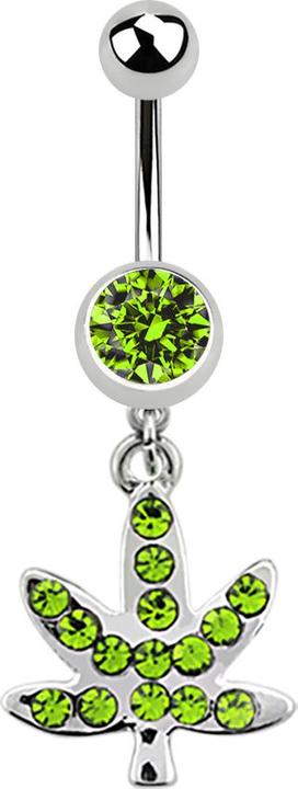 Produktbild Star Piercing Banane silber mit Anhänger Hanfblatt und Kristall hellgrün (Chirurgenstahl 316L, ohne Messing)