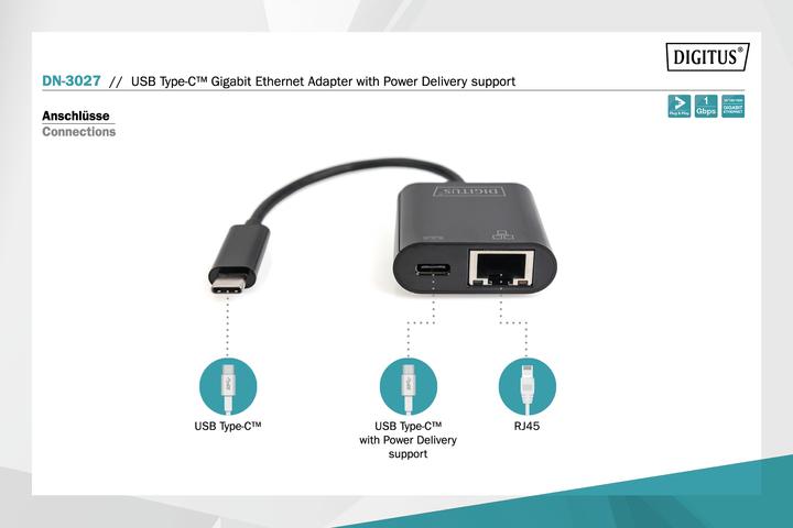 Actual product image Digitus USB Type-C™ Gigabit Ethernet adapter with Power Delivery support (USB-C, RJ45 (1x))