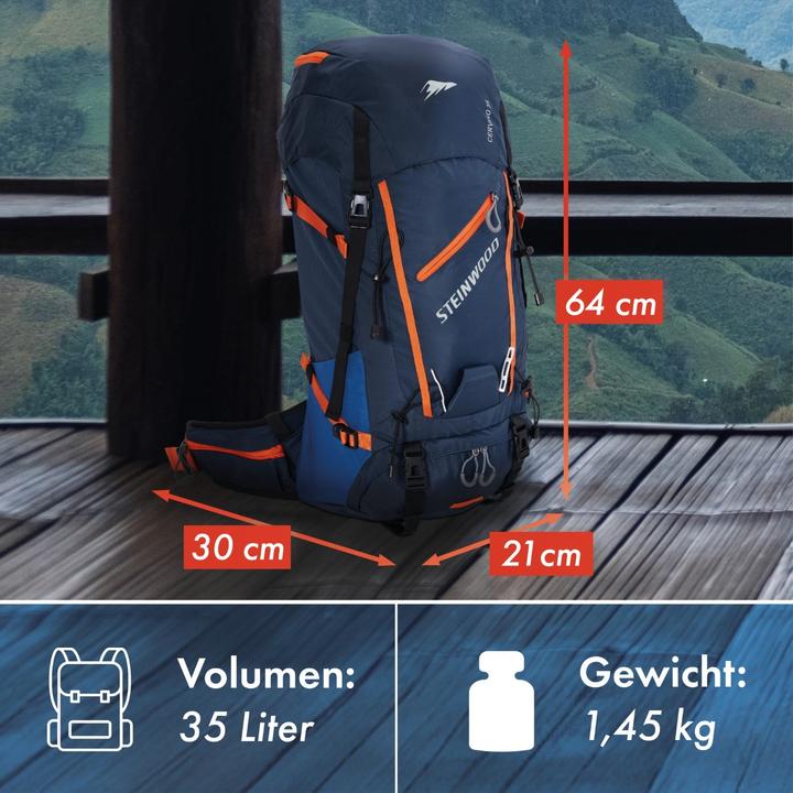 Immagine prodotto Steinwood Zaino da trekking 35L - Idrorepellente, con copertura antipioggia e ventilazione posteriore (35 l)