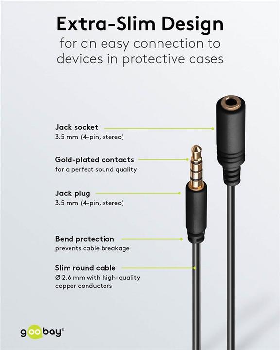 Immagine prodotto Goobay Cavo di prolunga per cuffie e audio AUX, 4 pin 3,5 mm slim, CU (1 m, Connettore da 3,5 mm (AUX))