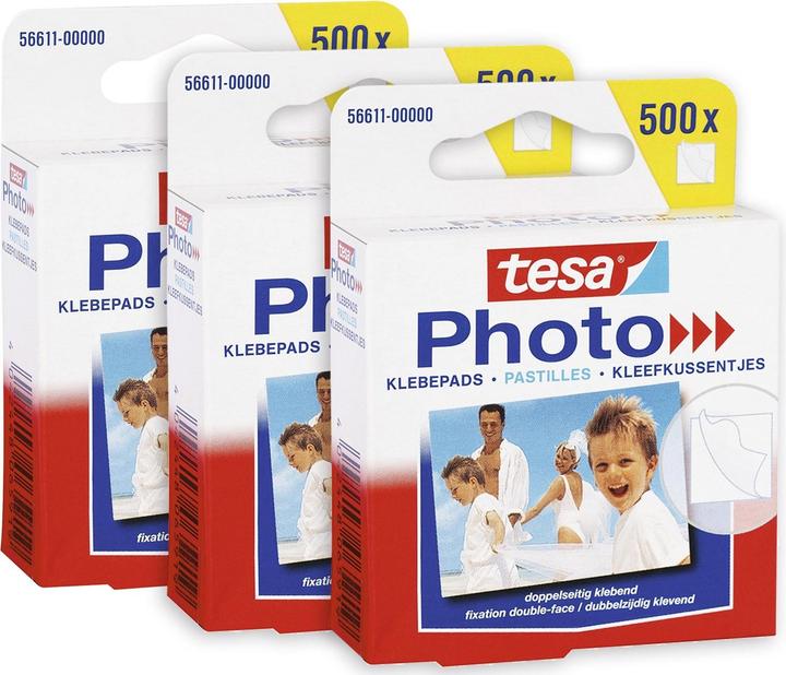 Produktbild tesa 3x Foto Klebepads, selbstklebend zur Fotobuch Erstellung, 1500 doppelseitige Klebestreifen