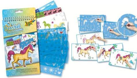 Folia Bringmann 41101 - Schablonenbuch Ponyhof, Block mit 36 Malvorlagen, 5 Schablonen und 3 Stick