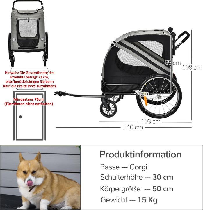 Produktbild PawHut 2-in-1 Hundewagen und Anhänger mit Luftpumpe und roter Fahne
