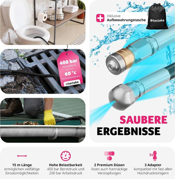Immagine prodotto tectake Set di tubi per la pulizia dei tubi, inclusi 2 ugelli e 3 adattatori (1 pz.)