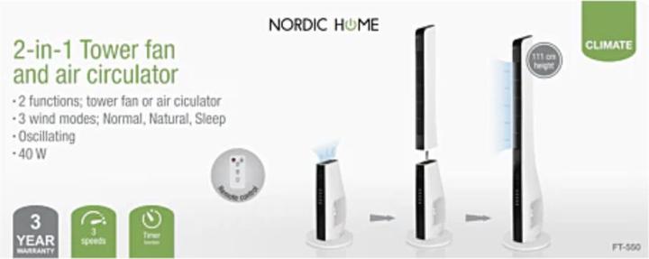 Immagine prodotto Nordic Home Ventilatore a torre e circolatore d'aria 2IN-1, 3 velocità