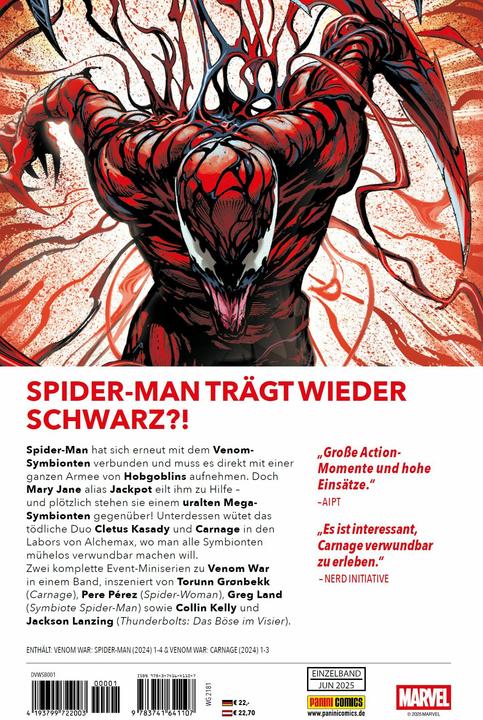 Immagine prodotto Panini Venom War: Spider-Man/Carnage (Tedesco, Torunn Gronbekk, Jackson Lanzing, Collin Kelly, Greg Land, Pere Pérez, 2025)