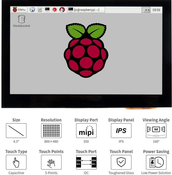 Immagine prodotto WaveShare Display touch capacitivo da 4,3 pollici per Raspberry Pi Interfaccia DSI 800×480