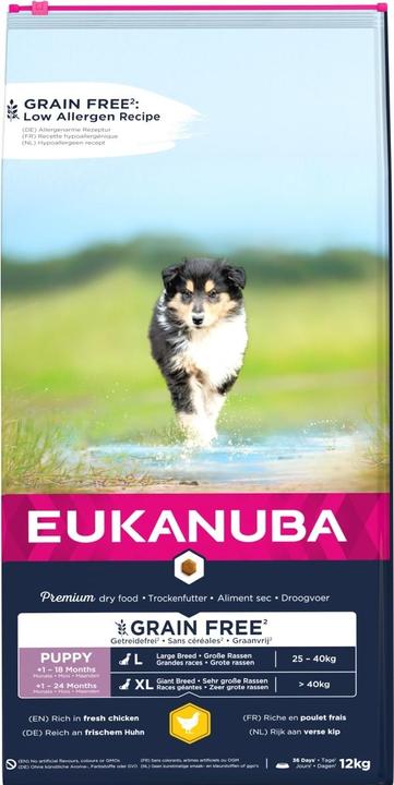 Produktbild Eukanuba Grain Free Puppy kleiner/mittlerer Rasse, Huhn - Hundetrockenfutter - 12 kg (Welpe + Kitten, 12000 g)
