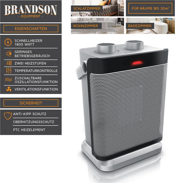 Produktbild Brandson Heizlüfter - Keramikheizlüfter 1800 W, Keramikheizgerät mit Temperaturregelung & Lüfterfunktion (1800 W)