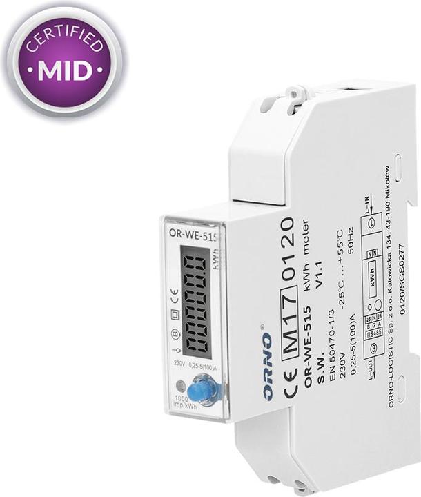 Image du produit Orno Compteur d'électricité monophasé 100A, multitarif, connexion RS-485, MID, 1 module, DIN TH-35mm
