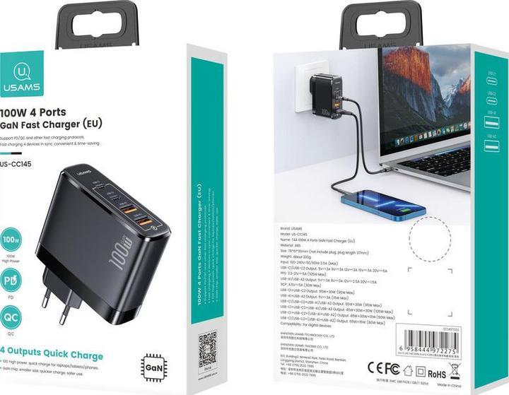 Actual product image Usams 4 Ports GaN Fast Charger (100 W)