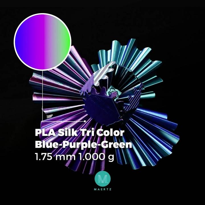 Actual product image Maertz PMMA-1022-001 PMMA-1022-001 Filament PLA Silk Silky glossy 1.75 mm 10 (PLA, 1.75 mm, 1000 g, Blue, Green, Violet)