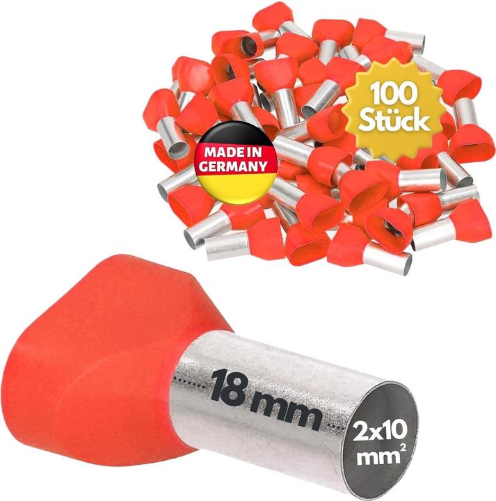Kalitec 100 pieces AET1018RT Twin wire end ferrules insulated 2x10.0mm² 18mm long red I Made in Germany
