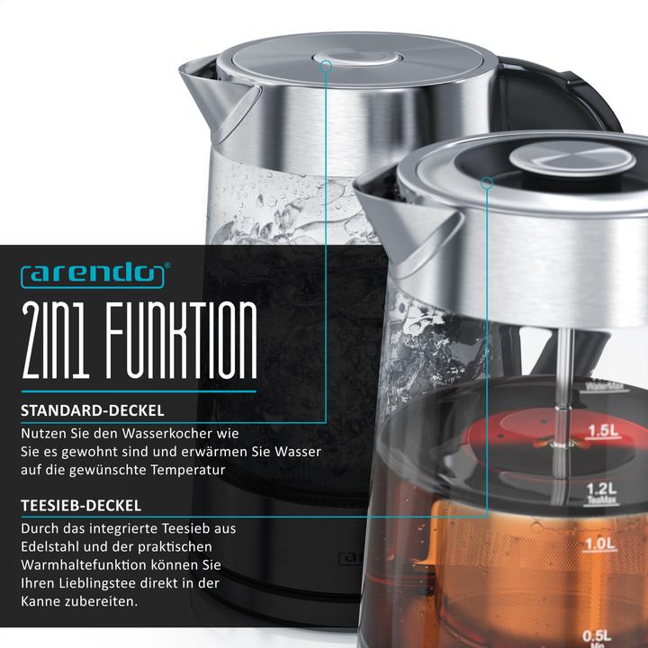 Actual product image Arendo Breakfast set, glass kettle 1.7l with tea strainer & 2-slice long slot toaster, stainless steel (1.70 l)