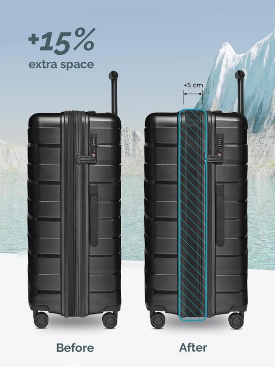 Actual product image Bergpfeil Travel 4-wheel suitcase set, 3-piece, with stretch fold (228 l, XL (from 140l))