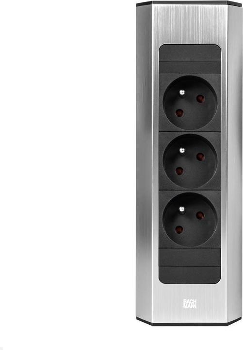 Actual product image Bachmann CASIA 2 3x FR socket outlet UTE (932.001) stainless steel look, short (3 x, CEE 7/3, CEE 7/5, 2 m)